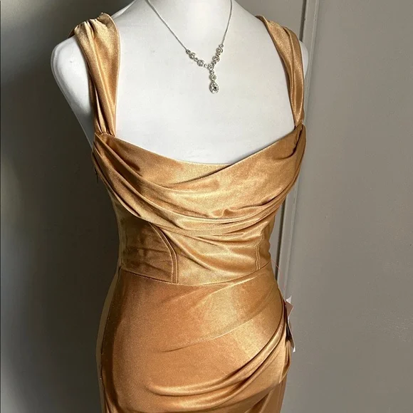New ASOS Sleeveless Gold Sheen Cowl Neck Ruched Formal Prom Evening Dress - Picture 2 of 16